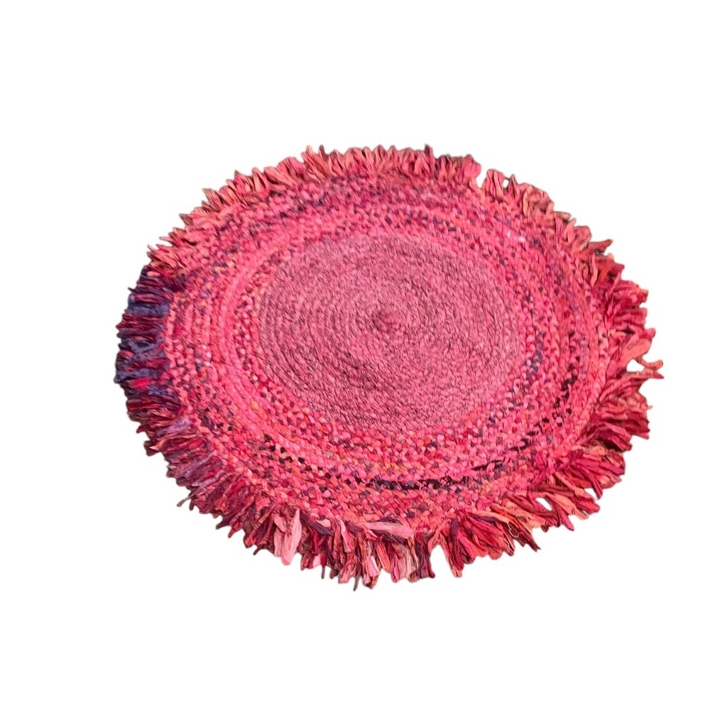 NWOT Handmade Braided Multi Color Block‎ Rag Rug With Fringe Round Rug, - Picture 6 of 12